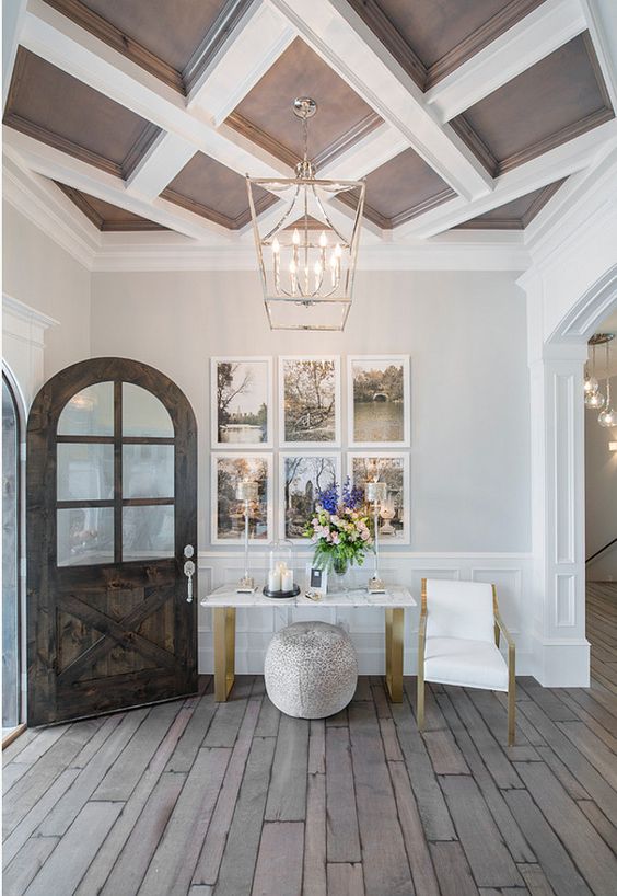dark wood and white entryway coffered ceiling
