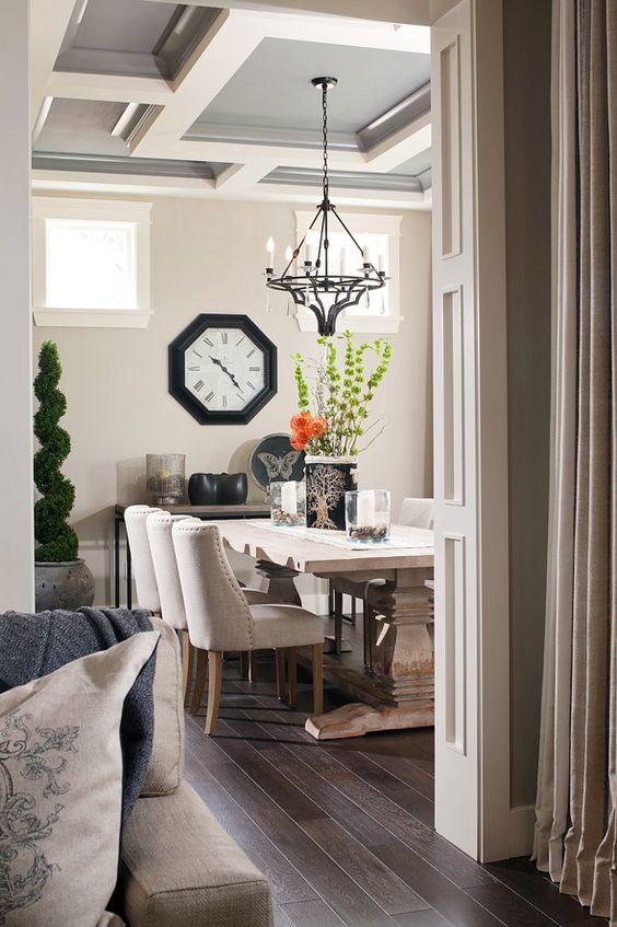 grey and white coffered ceiling for a dining area