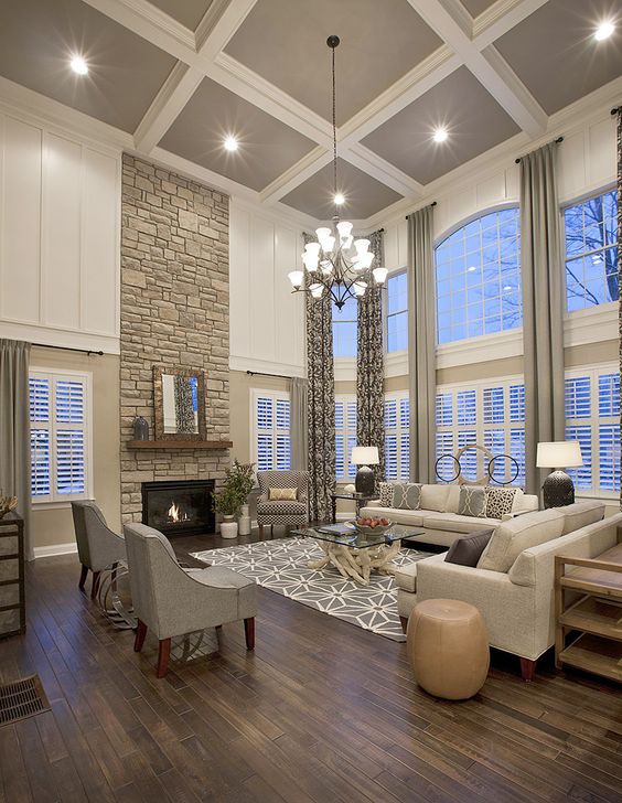 grey and white coffered ceiling for a living room