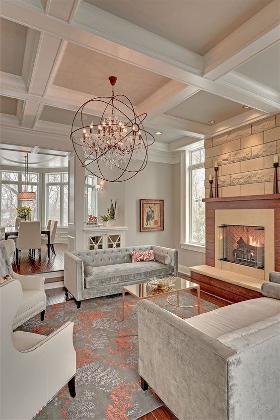 grey and white living room coffered ceiling