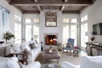 natural wood coffered ceiling for a white living room
