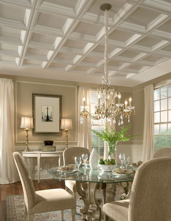 pastel coffered ceiling in the dining room