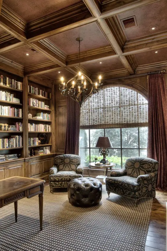 rich colored wooden coffered ceiling for a library