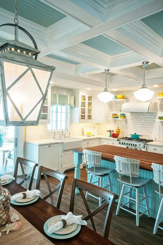turquoise and white coffered ceiling for a kitchen