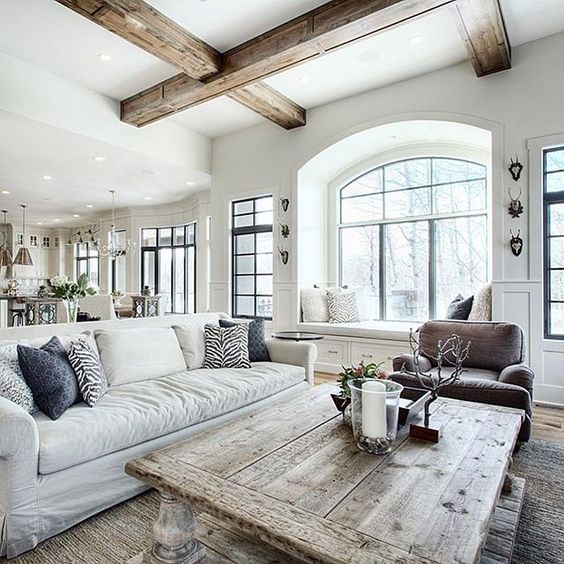 weathered wood and white living room coffered ceiling