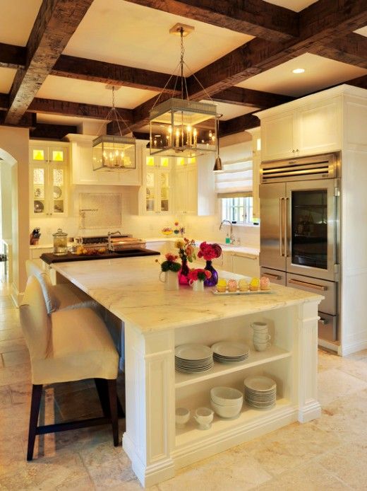 white and dark wood coffered ceiling for a kitchen