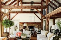 white and natural-color wooden ceiling with beams