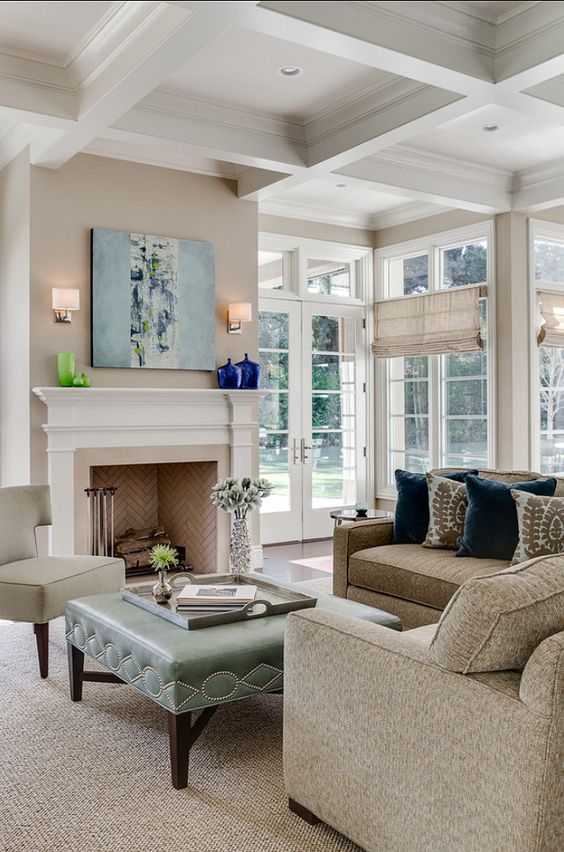 white coffered ceiling in a living room