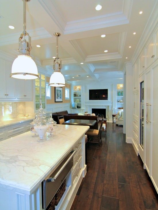 white coffered ceiling with lights in the kitchen