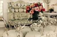 12 shabby metal dining chairs with ruffled slipcovers