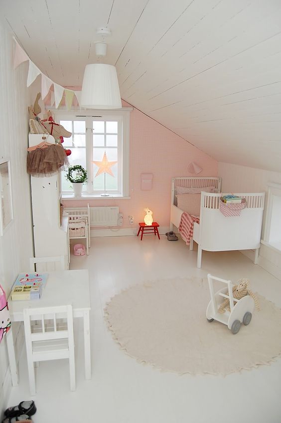 pink and white attic girl's room