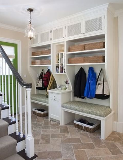open shelving with cabinets above