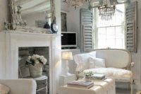 20 crystal chandeliers, shutters and a shabby frame mirror