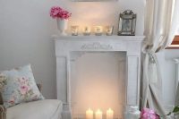 22 faux whitewashed fireplace with an art piece above