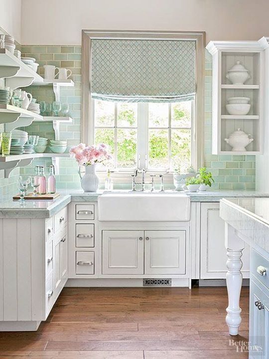 whitewashed and mint green shabby chic kitchen decor