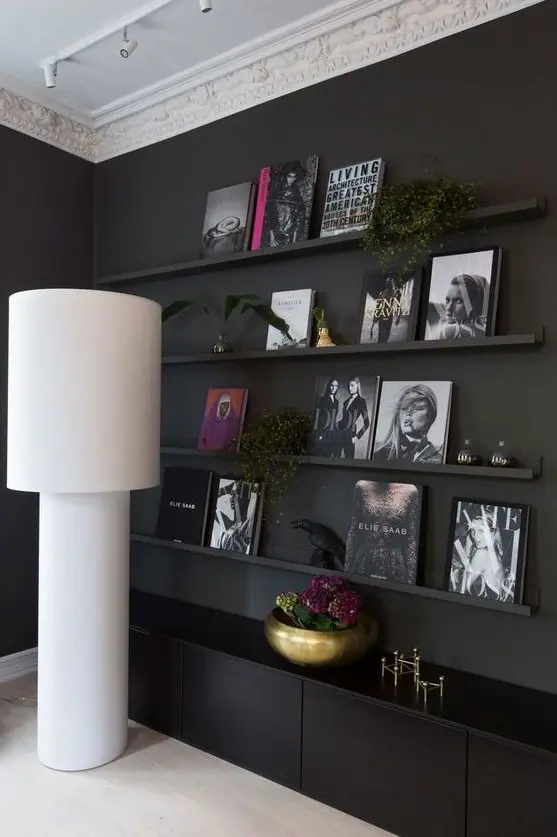 a black wall plus matte black ledges merging with it, cool artworks and books and even some potted plants looks very stylish