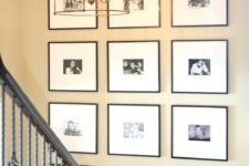 a grid gallery wall with family photos, black frames and white matting is a stylish and elegant way to style the space