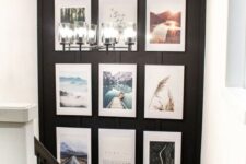 a grid gallery wall with matching black frames, colorful photos and white matting is an elegant modern way to style the space