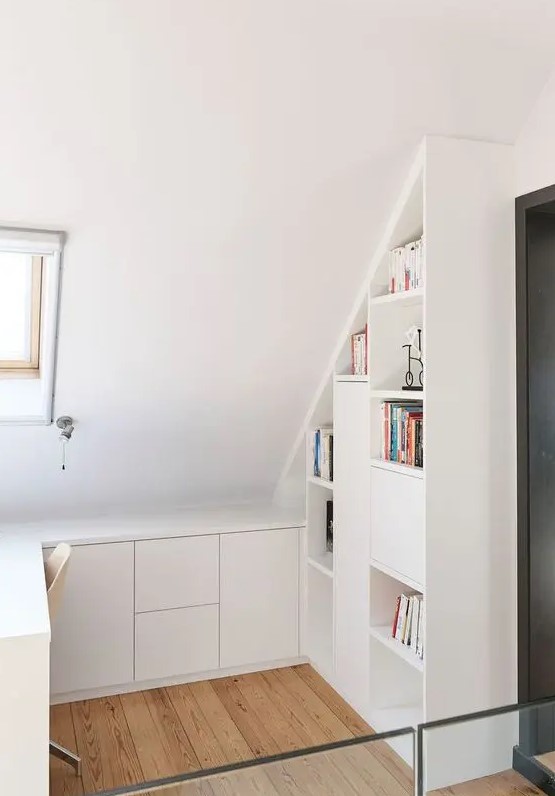 a small and smart attic storage unit with open and closed compartments, cabinets and drawers, is a cool idea