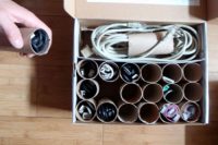 DIY cord organizers from toilet paper rolls