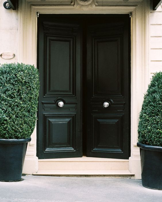 black doors with white knobs and potted evergreens
