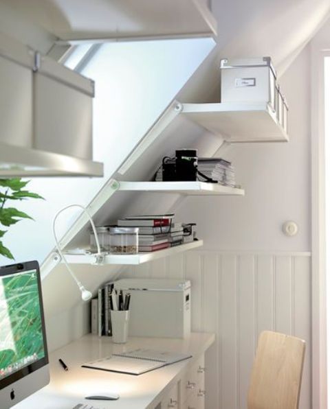 11 wall shelving is the key to store everything necessary in an attic home office