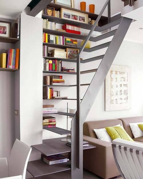 metal stairs with book storage and display
