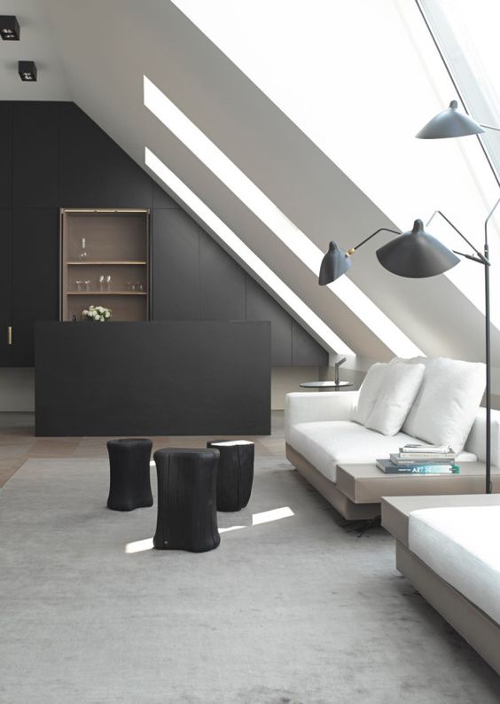 minimalist black and white attic living room