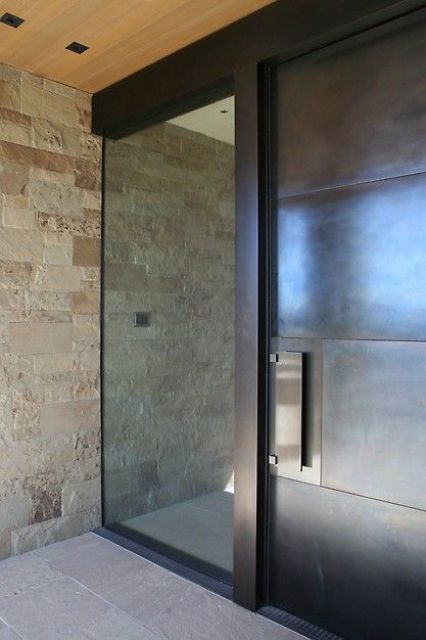 minimalist glass and steel front doors
