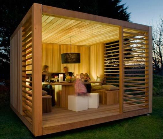 wooden eco gazebo cube for having meals outdoors