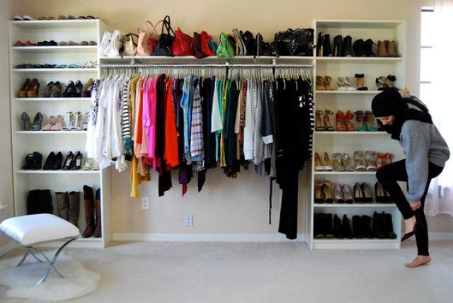 open shelving units could act as support for clothes rail