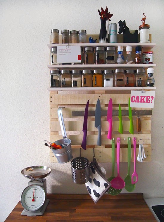 DIY pallet kitchen unit with shelves and holders
