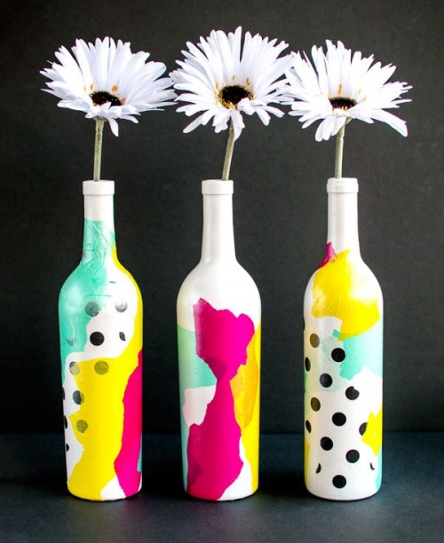 DIY bright and cheerful wine bottle vases
