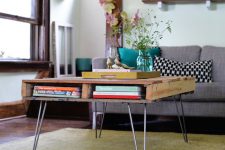 DIY pallet coffee table on hairpin legs