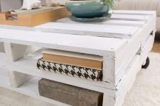 DIY whitewashed pallet coffee table with two storage shelves