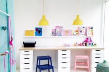 02 shared kids study nook with bold stools and lamps
