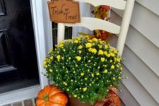 03 a vintage chair for displaying mums and a pumpkin