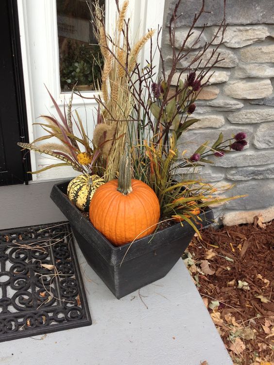 container fall arrangement with herbs and a pumpkin