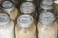 06 glass jars with metal lids and printed labels