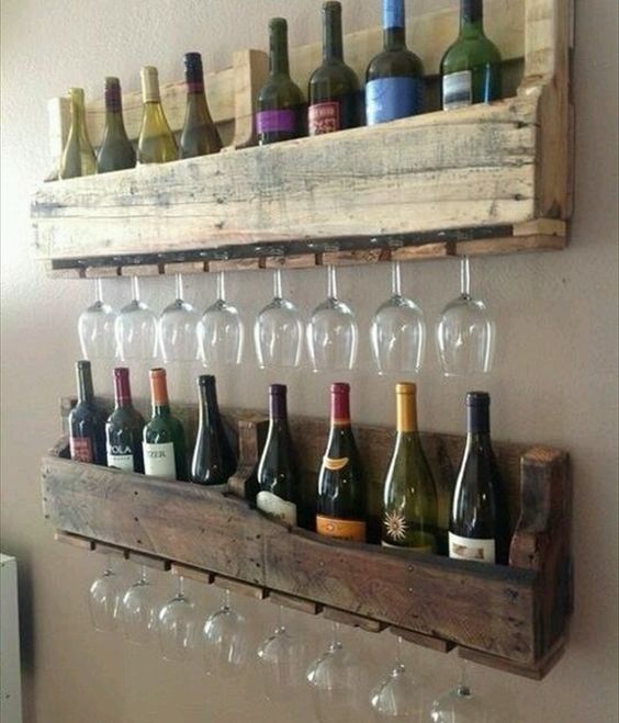rustic pallet shelves for wine and glasses