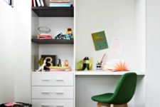 13 small study nook with a built-in desk and bold rug, chair and decorations