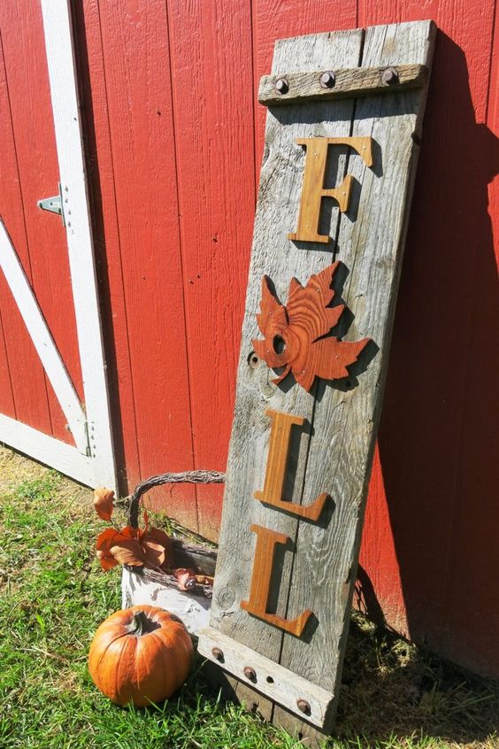 fall leaf sign from old barnwood