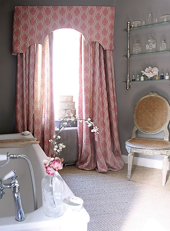 English country house bathroom with pink curtains