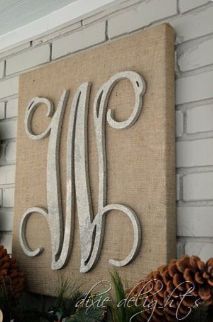 burlap canvas art with a large wooden letter