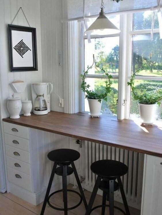 a radiator with a stained shelf and cabinets on both sides is used as a breakfast book with a lovely view