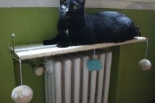 a cat shelf and play zone is installed over the radiator to keep the kitty warm is a smart and cool DIY