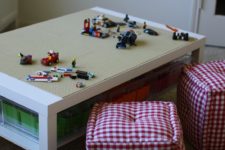 DIY Lego table from IKEA Lack coffee table and clear shirt drawers