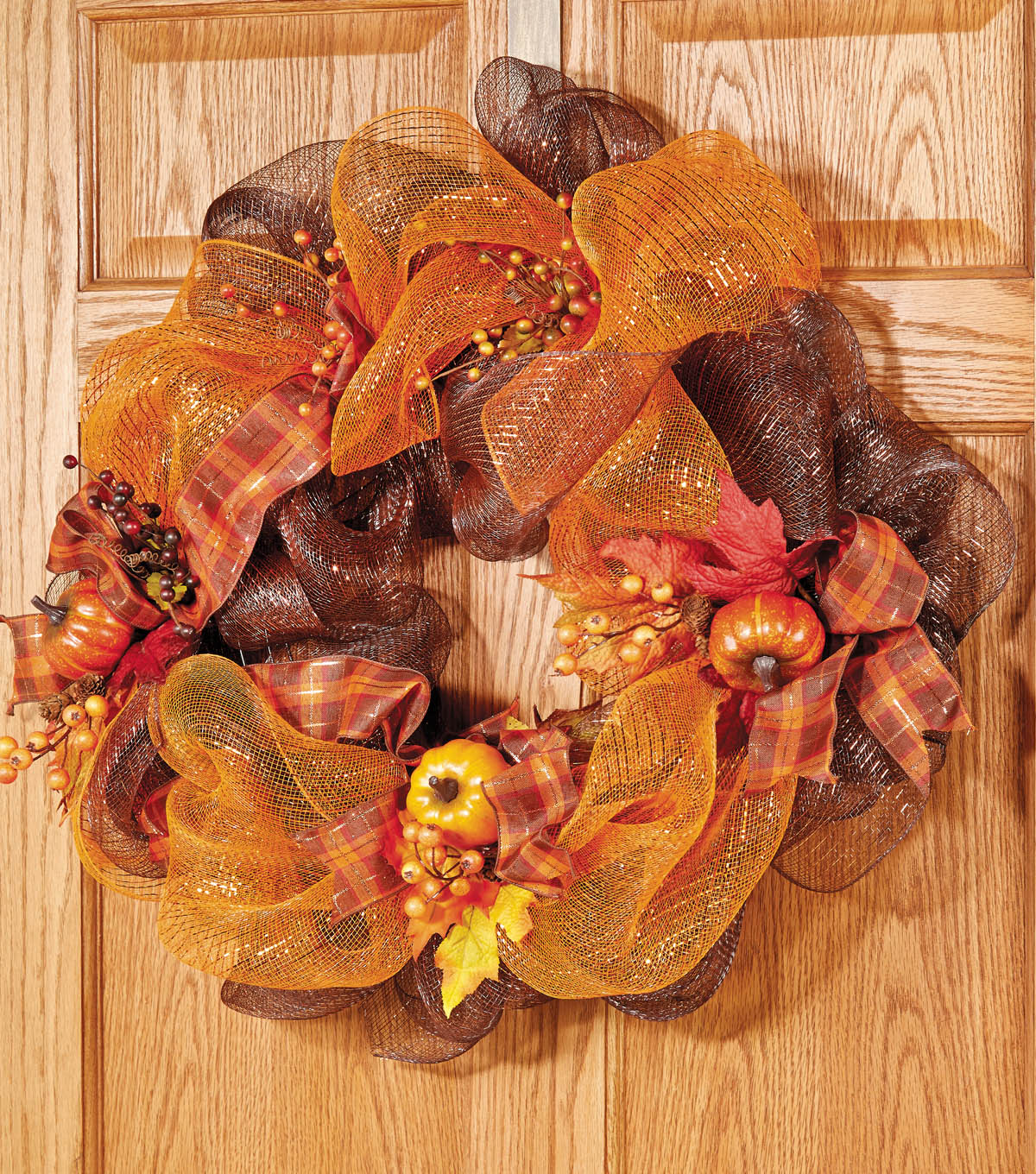 DIY fall colored deco mesh wreath with faux veggies