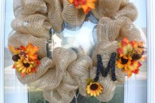 DIy gilded burlap deco mesh with faux flowers and a monogram