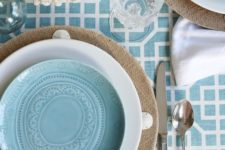 03 burlap chargers and patterned blue dishes with a croal table runner
